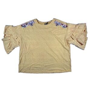 Cruel Denim Women's Floral & Aztek Blouse Size XL Yellow Ruffle‎ Sleeve Detail